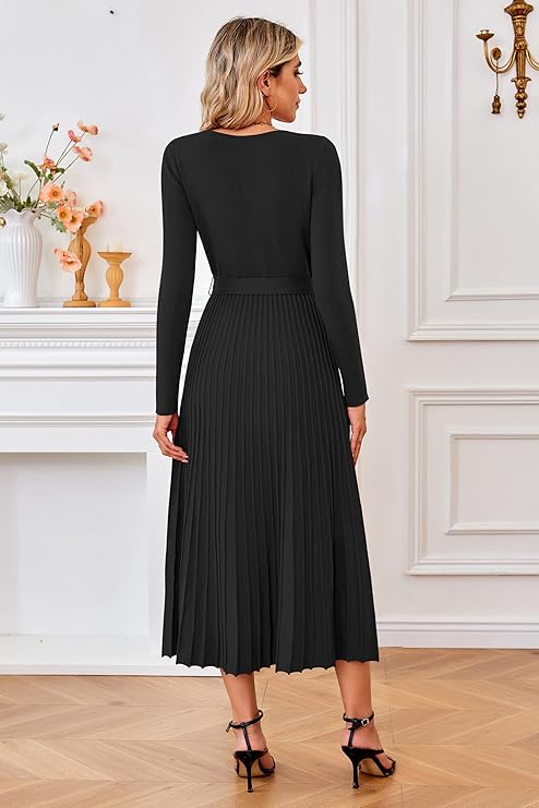 Arach&Cloz Women's Wool Blend Tie Waist Pleated Fall Sweater Dress(Black) - Image 3