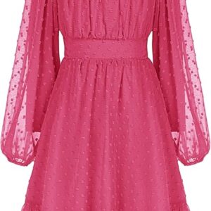 Girls Ruffle Tiered Dress Long Sleeve Swiss Dot Flowy A-Line Dress (Deep Pink)