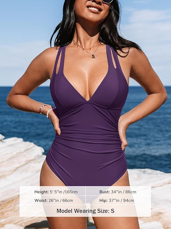 CUPSHE Women's One Piece Swimsuit Tummy Control Deep V Neck Double Straps Crisscross Back Tie Bathing Suit(Dark Purple) - Image 3