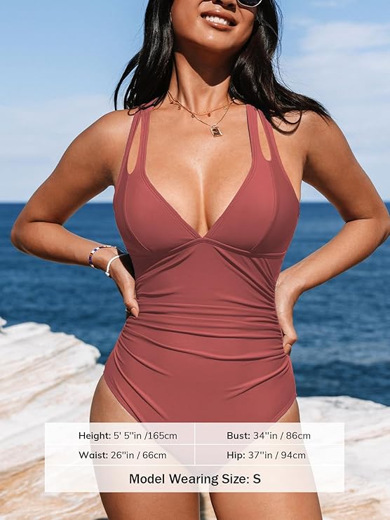 CUPSHE Women's One Piece Swimsuit Tummy Control Deep V Neck Double Straps Crisscross Back Tie Bathing Suit(Brick Red) - Image 2