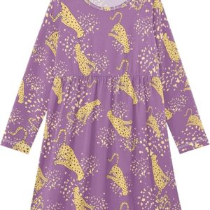 Girl Long Sleeve Dresses Ribbed A-Line Soft Fall Outfits for Girls(Leopard Cheetah)