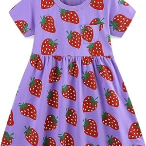 Little Girls Cotton Casual Dress Cartoon Appliques Jersey Summer Dresses Short Sleeved Clothing(Purple&strawberry)