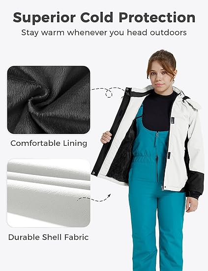 Girls' Waterproof Winter Coat Fleece Ski Jacket Hooded Snow Coat Warm Raincoat Outerwear (White) - Image 3