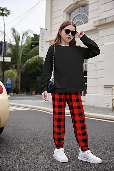 Girls 2 Piece Outfits Tracksuits Casual Crewneck Sweatshirts Side Zipper Pullover and High Waisted Sweatpants Set(Red plaid) - Image 4