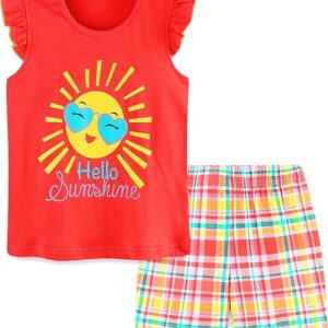 Toddler Girl Summer Short Outfit Sets Cotton Short Sleeve Tops Tees Shorts Clothing Sets(redsun)