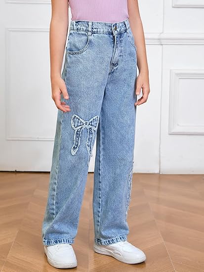 Girl's Bowknot Print Washed Jean Elastic Waist Denim Pants Straight Leg Trousers with Pockets - Image 4