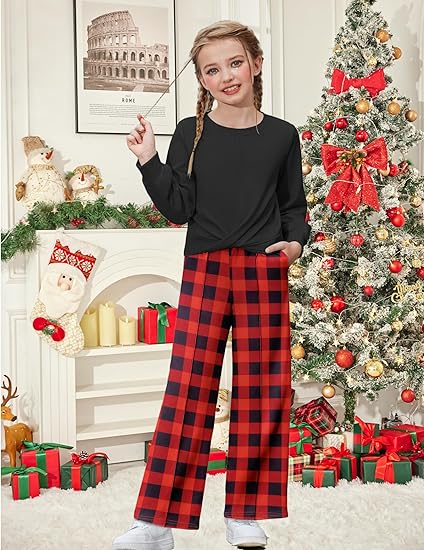 Girls 2 Piece Outfits Sweatsuit Set Twist Front Sweatshirt Wide Leg Sweatpants Tracksuit with Pockets(Black and red Plaid) - Image 3