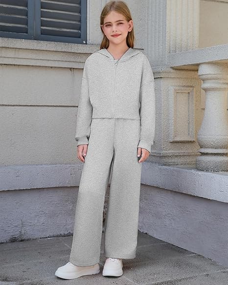 Girls 2 Piece Outfits Hoodie Zip Drop Shoulder Sweatshirt and Sweatpants Set with Pockets Sweatsuit Fall Clothes(Grey) - Image 5