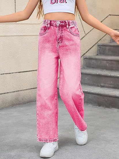Girl's Bow Print Back Zipper Fly Elastic High Waist Denim Pants Basic Wide Leg Jeans (pant 4) - Image 3