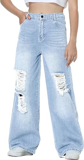 Girls Jeans Pants Wide Leg/Flare/Skinny Denim Pant Ripped High Waist Elastic Band Casual with Pockets (Pant 4)