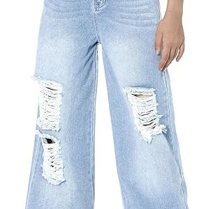 Girls Jeans Pants Wide Leg/Flare/Skinny Denim Pant Ripped High Waist Elastic Band Casual with Pockets (Pant 4)