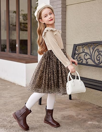 Toddler Tutu Dresses Little Girls Velvet Tulle Fall Winter Long Sleeve Ruffle Holiday Party Dress (Leopard) - Image 4