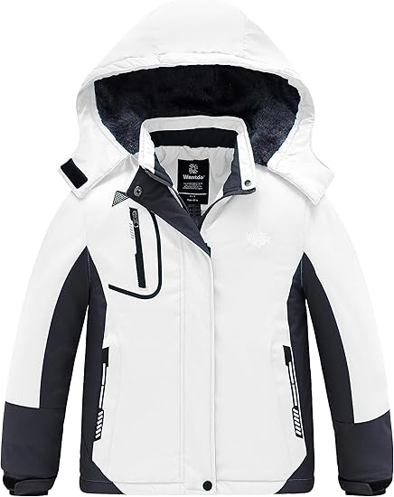 Girls' Waterproof Winter Coat Fleece Ski Jacket Hooded Snow Coat Warm Raincoat Outerwear (White)