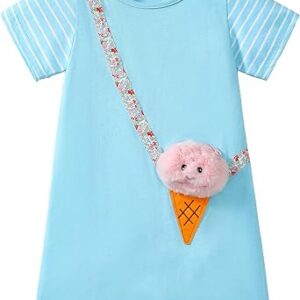 Girls Cartoon Appliques Dress Cotton Summer Short Sleeve Dresses Casual Jersey Skirt(Blue Ice cream )