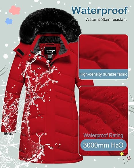 Winter Coats Kids Waterproof Long Puffer Jacket Thicken Fleece Lined Ski Parka with Detachable Fur Hooded (Red) - Image 3