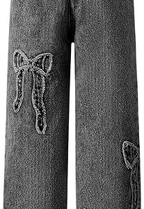 Girl's Bowknot Print Washed Jean Elastic Waist Denim Pants Straight Leg Trousers with Pockets (pant 2)