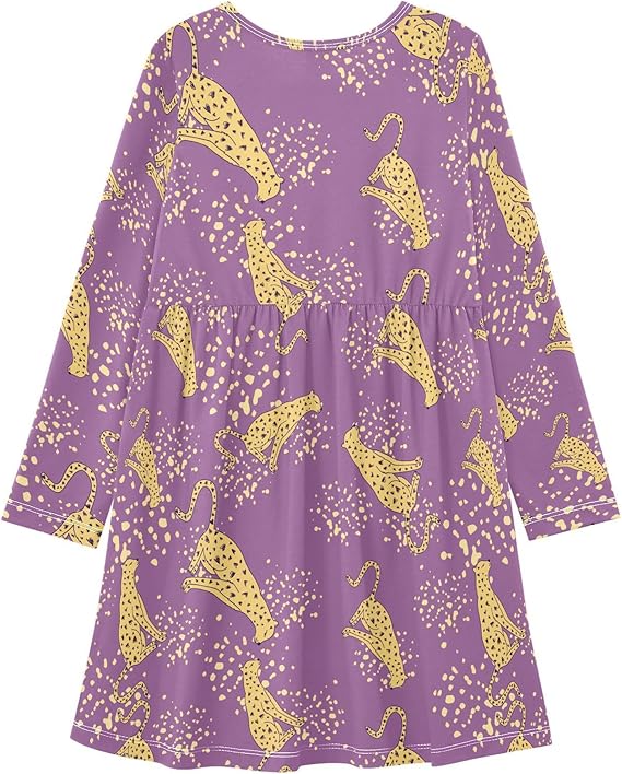 Girl Long Sleeve Dresses Ribbed A-Line Soft Fall Outfits for Girls(Leopard Cheetah) - Image 3