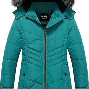Girls' Warm Winter Coat Long Parka Fleece Lined Waterproof Puffer Jacket With Removable Hood(Dark green)