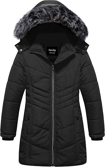 Girls' Warm Winter Coat Long Parka Fleece Lined Waterproof Puffer Jacket With Removable Hood(Black)
