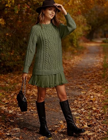 Women Cable Knit Sweater Dress Crewneck Long Sleeve Pleated Mini Dress(Green) - Image 2