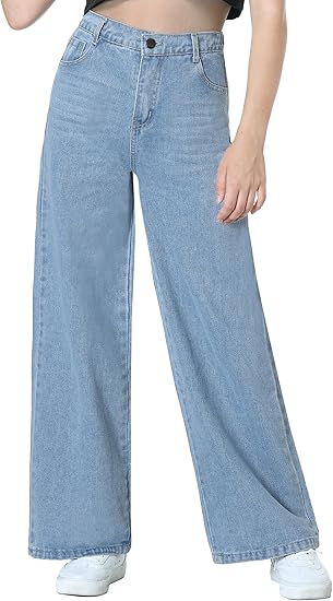 Girls Jeans Pants Wide Leg/Flare/Skinny Denim Pant Ripped High Waist Elastic Band Casual with Pockets (Pant 3)
