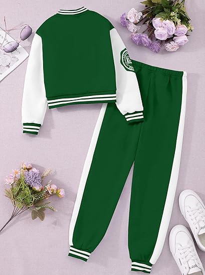 Girls Outfits 2 Piece Activewear Long Sleeve Baseball Jacket and Sweatpants Set Tracksuit(green) - Image 3