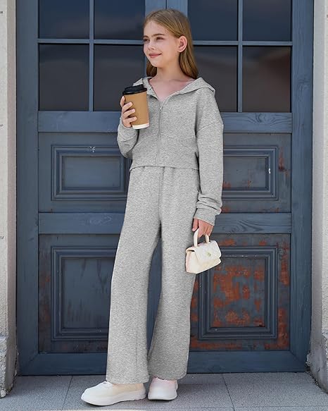 Girls 2 Piece Outfits Hoodie Zip Drop Shoulder Sweatshirt and Sweatpants Set with Pockets Sweatsuit Fall Clothes(Grey) - Image 4