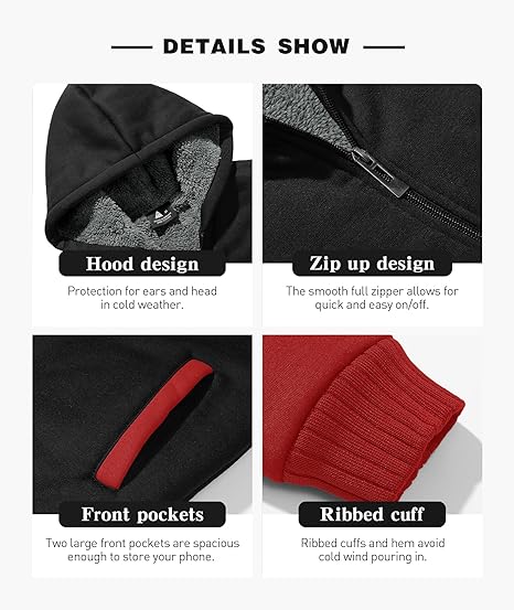 Kids Hoodie Fleece Jacket Warm Sherpa Lined Zip Up Hooded Sweatshirt Soft Winter Coat Boys Girls School Outerwear (Red) - Image 3