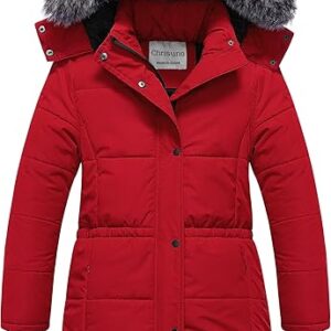 Girl's Long Parka Warm Winter Coat Water Resistant Quilted Puffer Jacket Snow Outwear(Red)