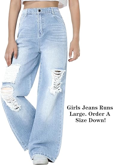 Girls Jeans Pants Wide Leg/Flare/Skinny Denim Pant Ripped High Waist Elastic Band Casual with Pockets (Pant 4) - Image 5
