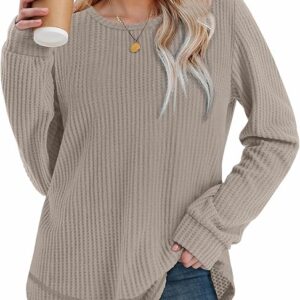 WIHOLL Tunic Tops for Women Loose Fit Dressy Waffle Knit Long Sleeve(Khaki)