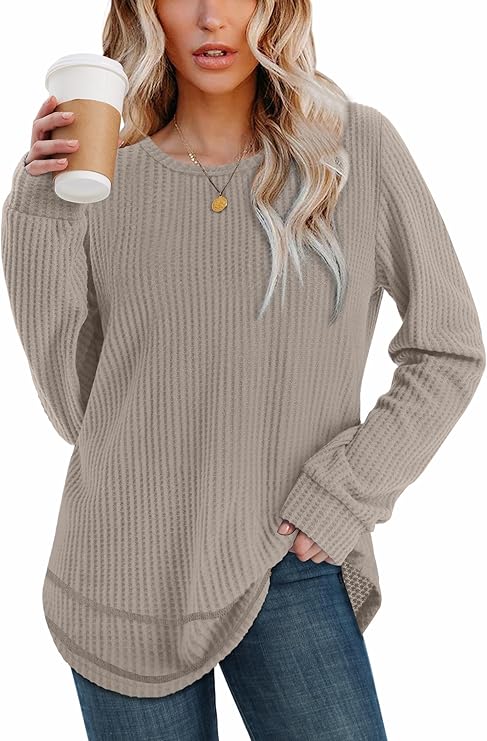 WIHOLL Tunic Tops for Women Loose Fit Dressy Waffle Knit Long Sleeve(Khaki)