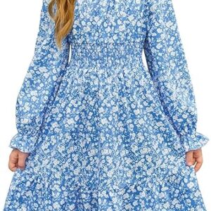 Girls Fall Long Sleeve Floral Dresses Kids Square Neck Smocked Holiday Party Dress(blue)