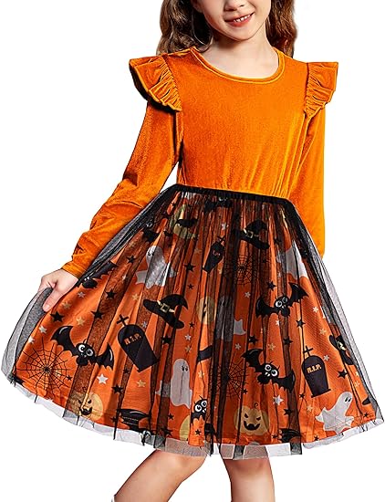 Toddler Tutu Dresses Little Girls Velvet Tulle Fall Winter Long Sleeve Ruffle Holiday Party Dress (Halloween)