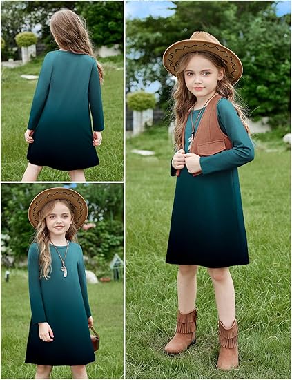 Girls Dress Kids Long Sleeve Solid Color Casual T-Shirt Dress(Navy Blue) - Image 4