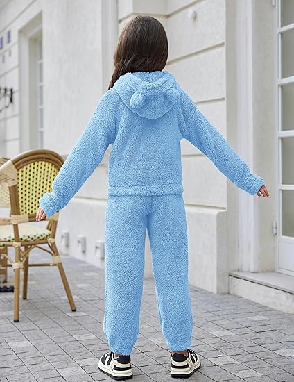 Girls 2 Piece Outfits Sweatsuit Fuzzy Long Sleeve Bear Ear Hoodie Sweatshirt and Sweatpant Kids Clothing Sets(Blue) - Image 5