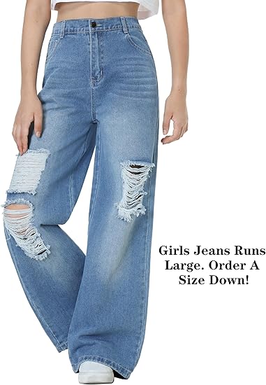 Girls Jeans Pants Wide Leg/Flare/Skinny Denim Pant Ripped High Waist Elastic Band Casual with Pockets (Pant 2) - Image 5