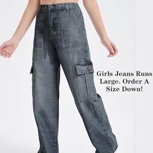 Girls Jeans Cargo Baggy Wide Leg Denim Straight Loose Pants Tween High Elastic Waistband with Pockets