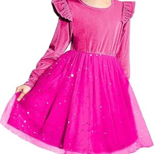 Toddler Tutu Dresses Little Girls Velvet Tulle Fall Winter Long Sleeve Ruffle Holiday Party Dress (Hot Pink)