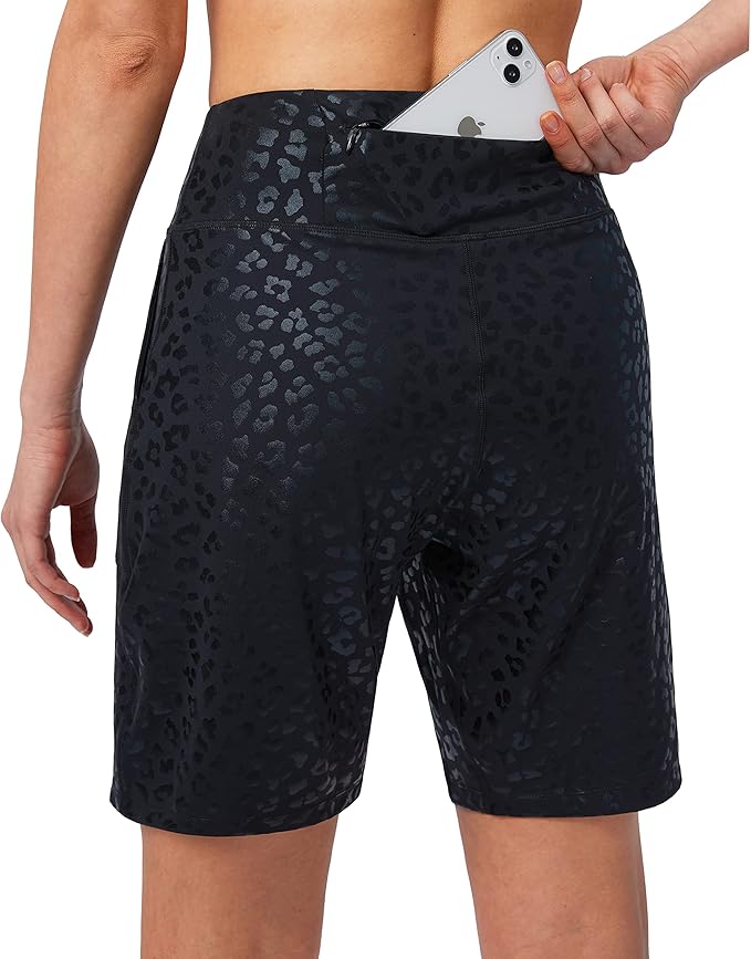 SANTINY Bermuda Shorts for Women with Zipper Pocket Womens High Waisted Long Shorts for Running Workout Athletic( Black Leopard) - Image 4