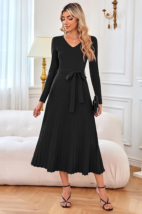 Arach&Cloz Women's Wool Blend Tie Waist Pleated Fall Sweater Dress(Black) - Image 4