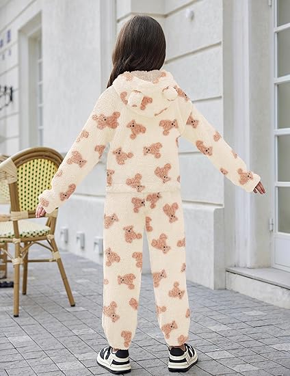 Girls 2 Piece Outfits Sweatsuit Fuzzy Long Sleeve Bear Ear Hoodie Sweatshirt and Sweatpant Kids Clothing Sets(Teddy) - Image 4