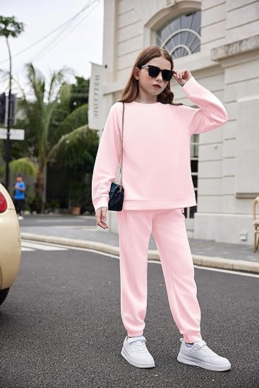 Girls 2 Piece Outfits Tracksuits Casual Crewneck Sweatshirts Side Zipper Pullover and High Waisted Sweatpants Set(Pink) - Image 4