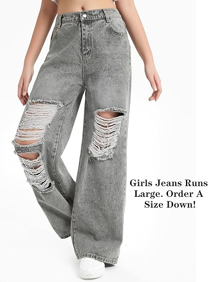 Girls Jeans Pants Wide Leg/Flare/Skinny Denim Pant Ripped High Waist Elastic Band Casual with Pockets (Pant 5) - Image 5