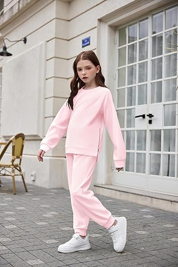 Girls 2 Piece Outfits Tracksuits Casual Crewneck Sweatshirts Side Zipper Pullover and High Waisted Sweatpants Set(Pink) - Image 3