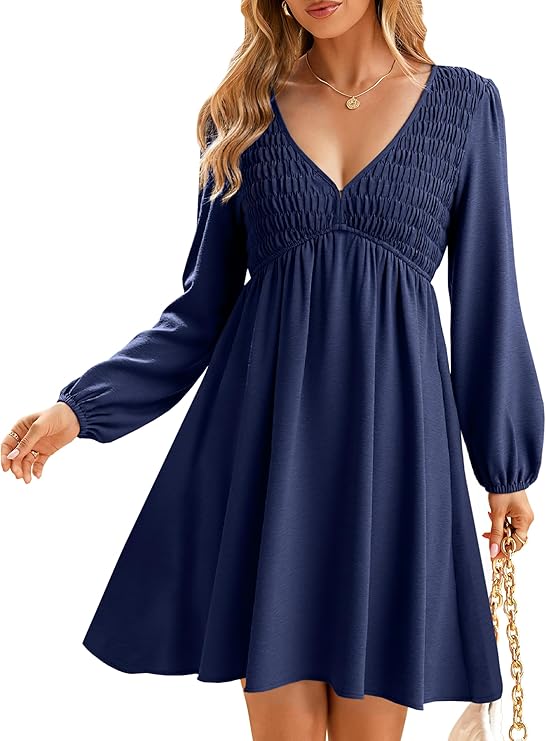 BerryGo Women's Casual Long Sleeve Babydoll Flowy Dress V Neck(Navy Blue)