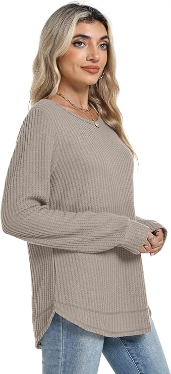 WIHOLL Tunic Tops for Women Loose Fit Dressy Waffle Knit Long Sleeve(Khaki) - Image 2