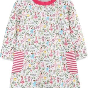 Toddler Girls Cartoon Applique Dresses Striped Casual Dress Cotton Jersey Longsleeve T-Shirt(Ballet Flower)