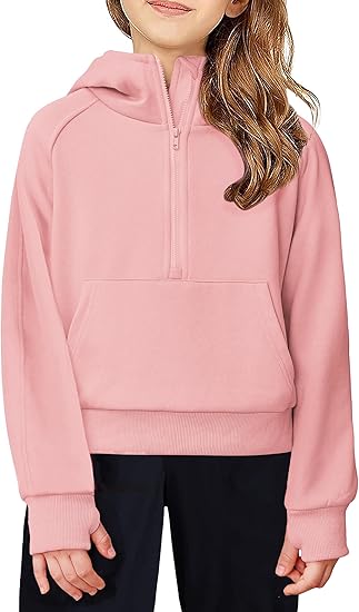 Girls Half Zip Sweatshirt Fleece Hooded Pullover for Teen Long Sleeve Tops Fall Winter Clothes Thumb Hole(orange pink)