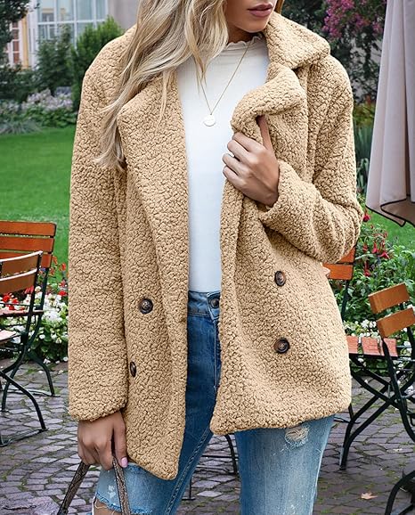 Winter Warm Plush Cardigan Fuzzy Fleece Lapel Jacket with Buttons Pockets Long Sleeve Casual Outerwear(Peach) - Image 4